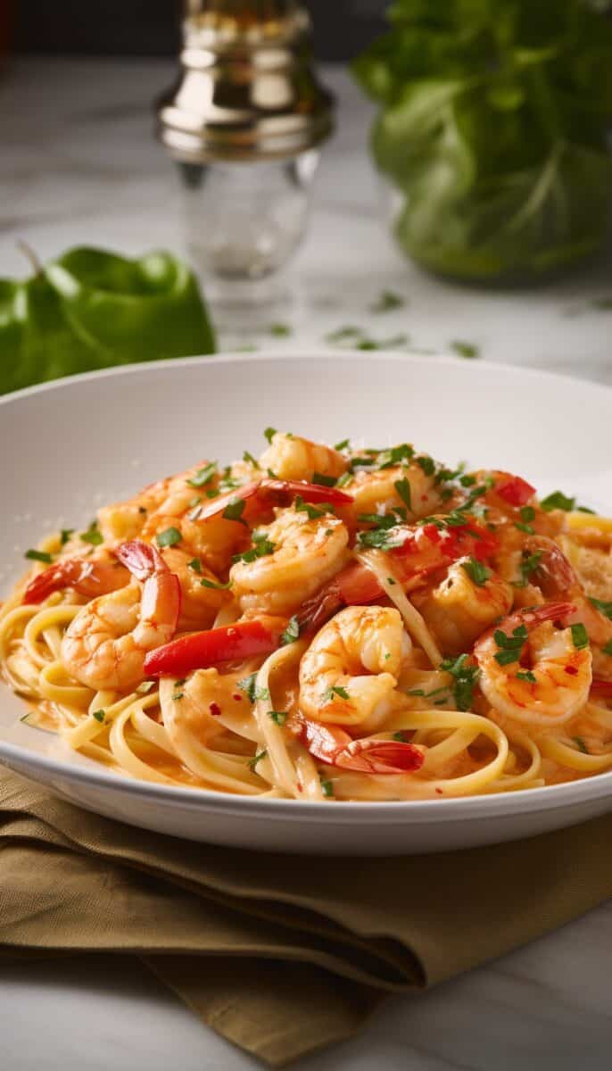 Shrimp Rasta Pasta with vibrant bell peppers and a sprinkle of Parmesan.