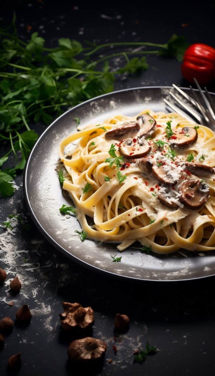 Overhead shot of a plate filled with creamy mushroom pasta, hinting at a perfect weeknight dinner.