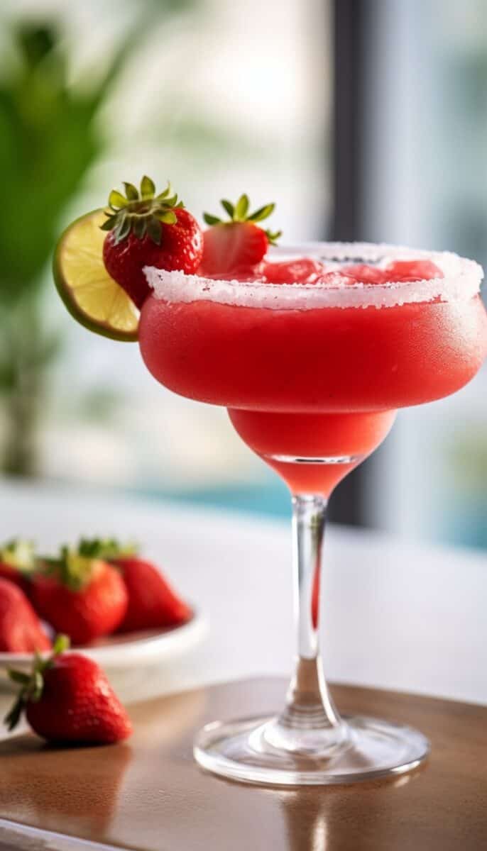 Close-up of a frosty strawberry margarita highlighting the slushy texture and glistening salt crystals on the rim.