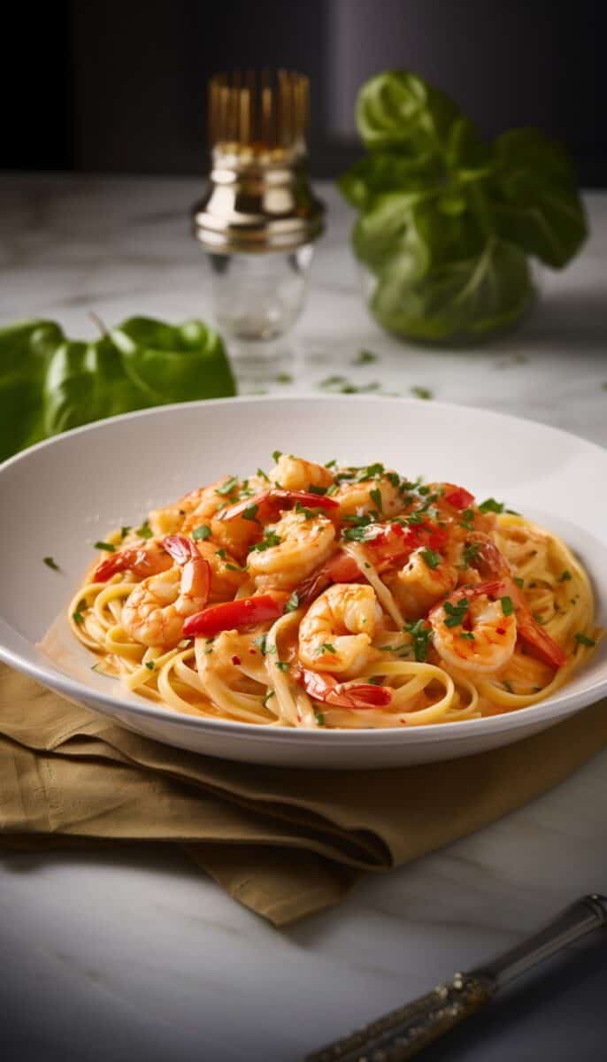 Elegantly plated Shrimp Rasta Pasta, emphasizing the creamy sauce and juicy shrimp.