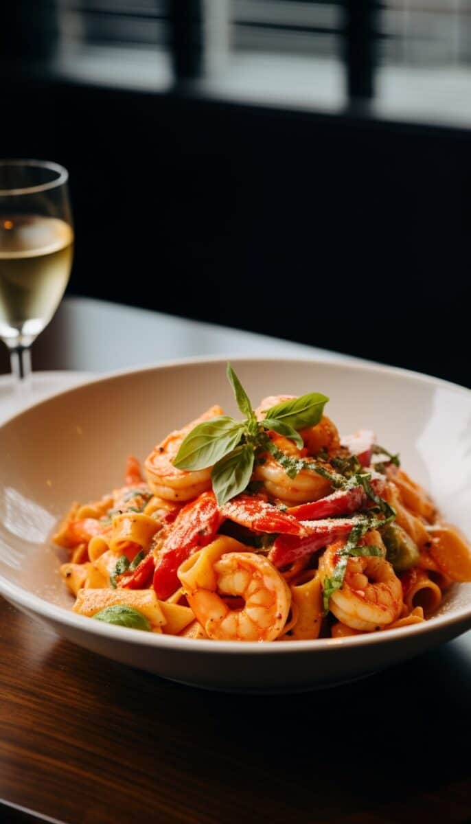 Rasta Pasta with Shrimp served on a pristine white plate, showcasing the vibrant colors of bell peppers and succulent shrimp.