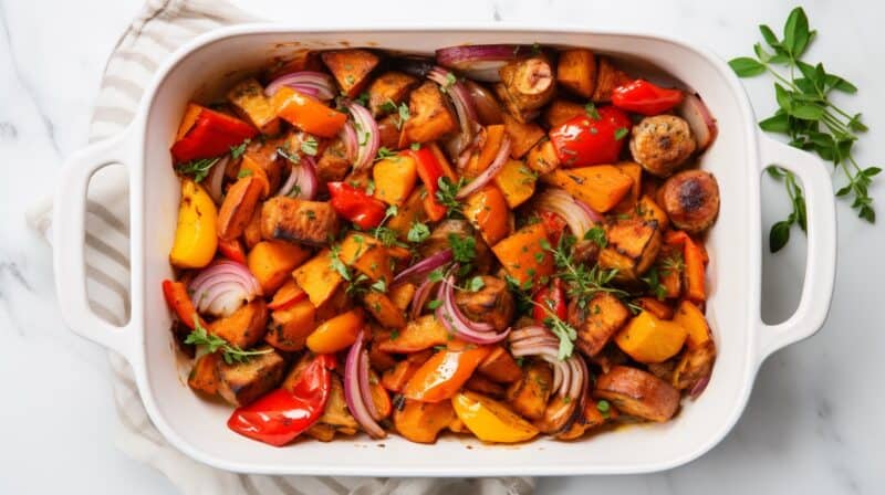 Golden-browned Sweet Potato and Sausage Casserole in a white baking dish, showcasing the vibrant mix of diced sweet potatoes, ground Italian sausage, and red bell peppers.