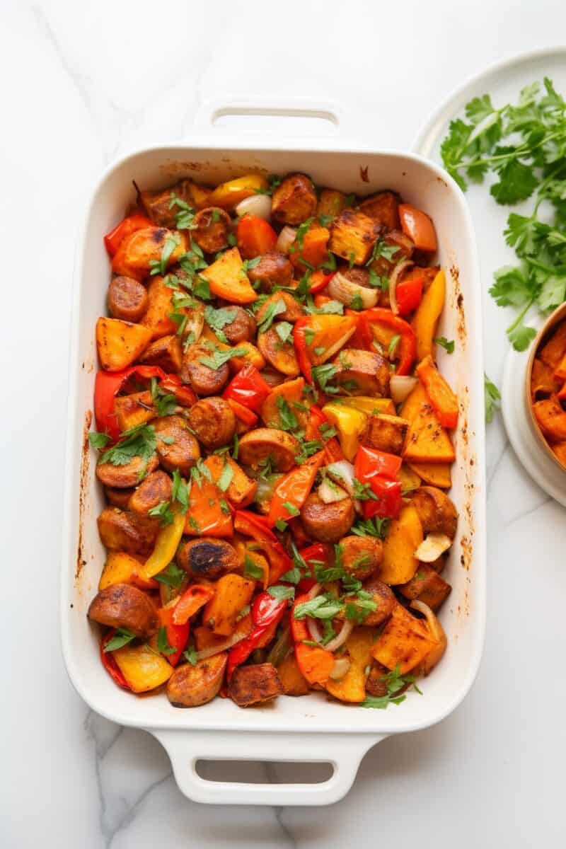 Overhead shot of a mouthwatering Sweet Potato and Sausage Casserole, perfectly browned on top, nestled in a white ceramic baking dish.