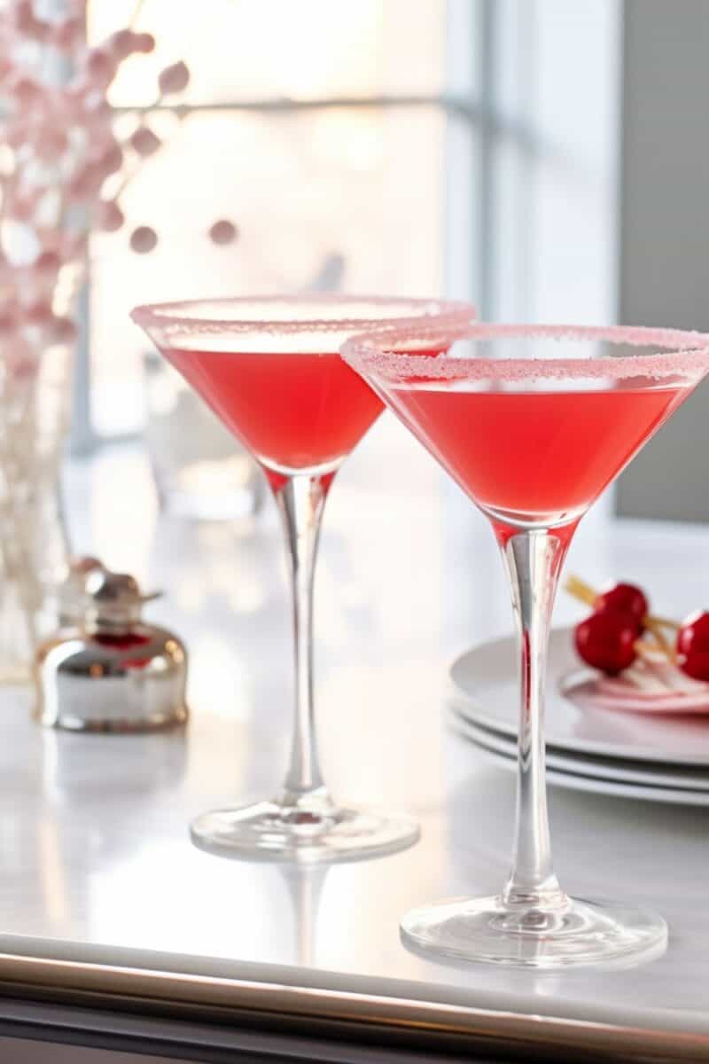 Two festive Candy Cane Cocktails served in glasses beautifully rimmed with crushed peppermint candy, ready to be enjoyed