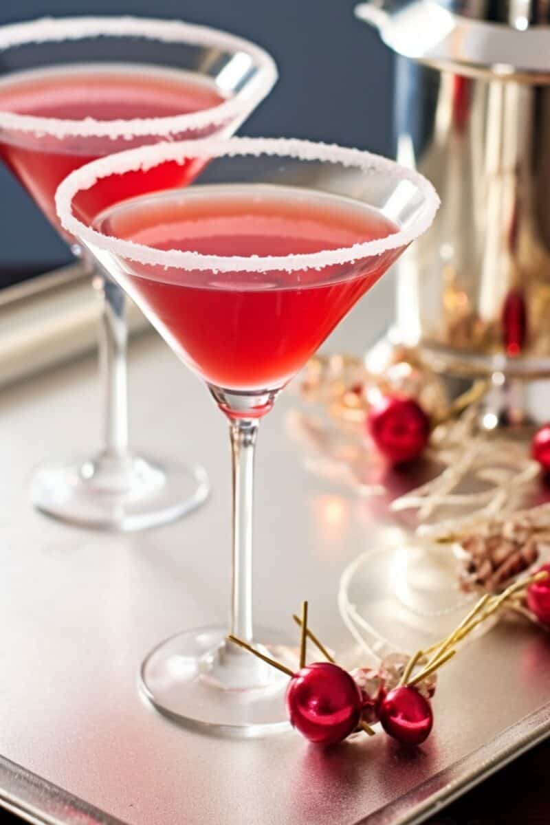 A pair of refreshing Candy Cane Cocktails featuring a delightful peppermint rim, adding a festive touch to the holiday celebration.
