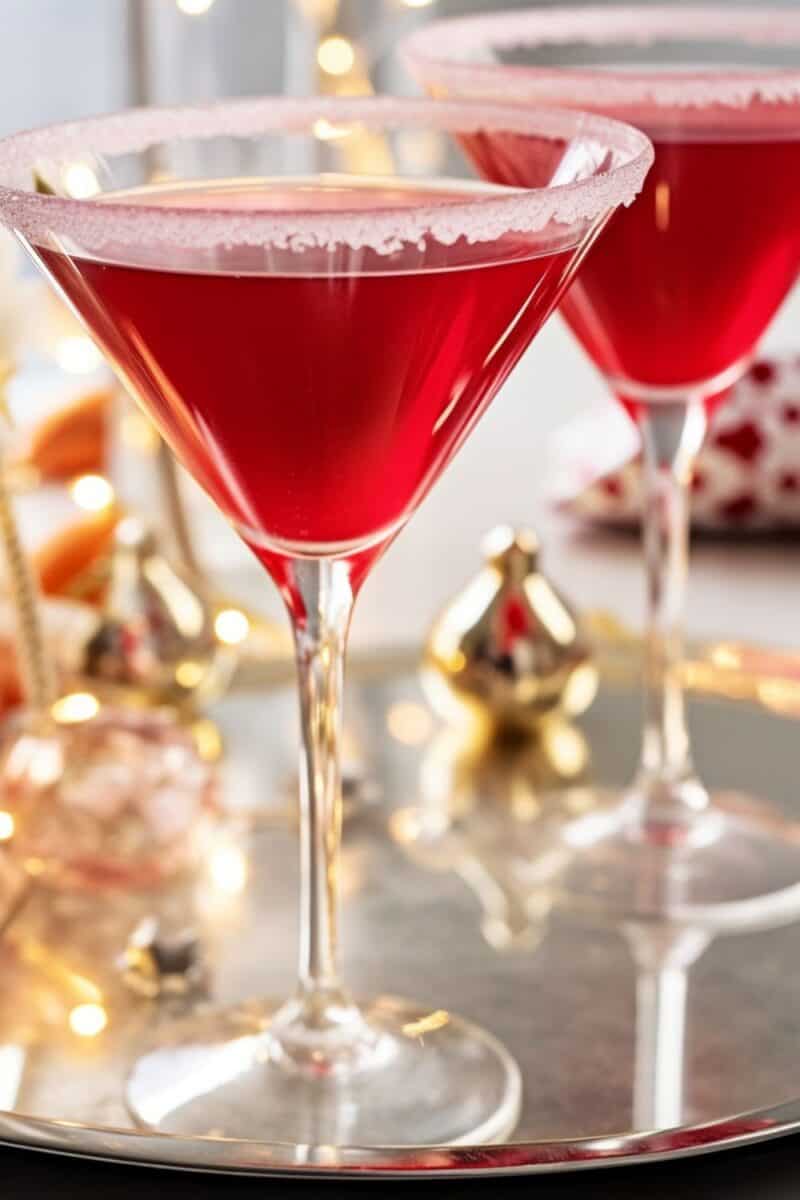 A festive Candy Cane Cocktail and glasses rimmed with crushed candy canes, exemplifying holiday spirit with its vibrant and inviting appearance.