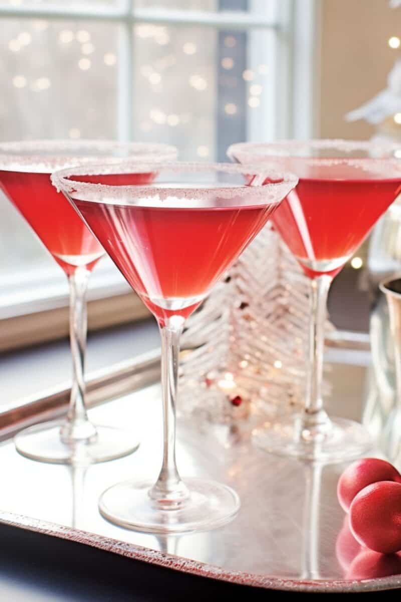 Elegant presentation of three Candy Cane Cocktails, each glass adorned with a crushed peppermint candy rim, symbolizing holiday cheer.