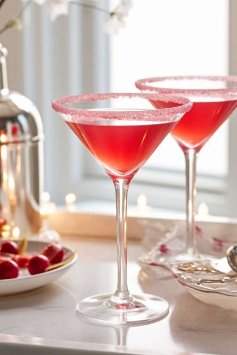 Dual serving of the vibrant Candy Cane Cocktails, the glasses showcasing a decorative rim of crushed peppermint candy, elevating the holiday spirits.
