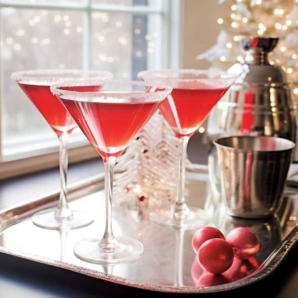 Festive Candy Cane Cocktails garnished with a candy cane and rimmed with crushed candy canes, exemplifying holiday spirit with its vibrant and inviting appearance.