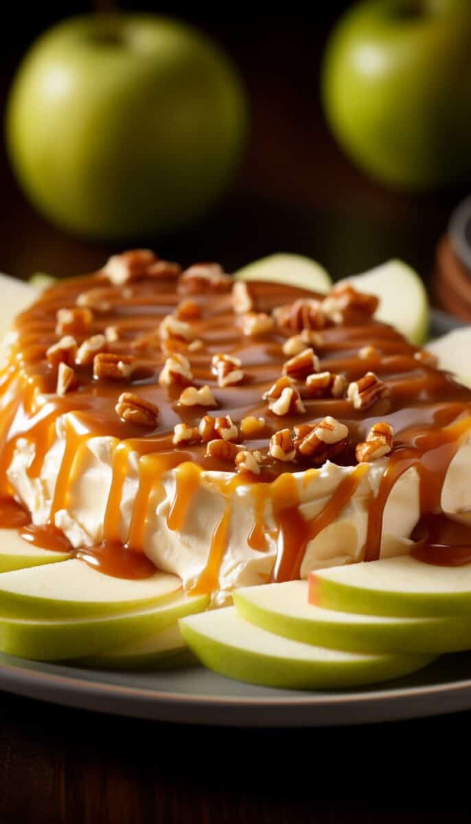 A detailed image focusing on the texture contrast between the creamy cream cheese, the gooey caramel sauce, the crunchy nuts, and the fresh fruit pieces in the Caramel Apple Cream Cheese Spread.