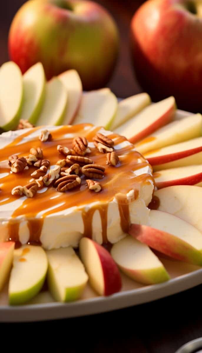 A close-up view of the Caramel Apple Cream Cheese Spread, highlighting the contrasting textures and vibrant colors of the fresh fruits, crunchy nuts, creamy cheese, and luscious caramel.