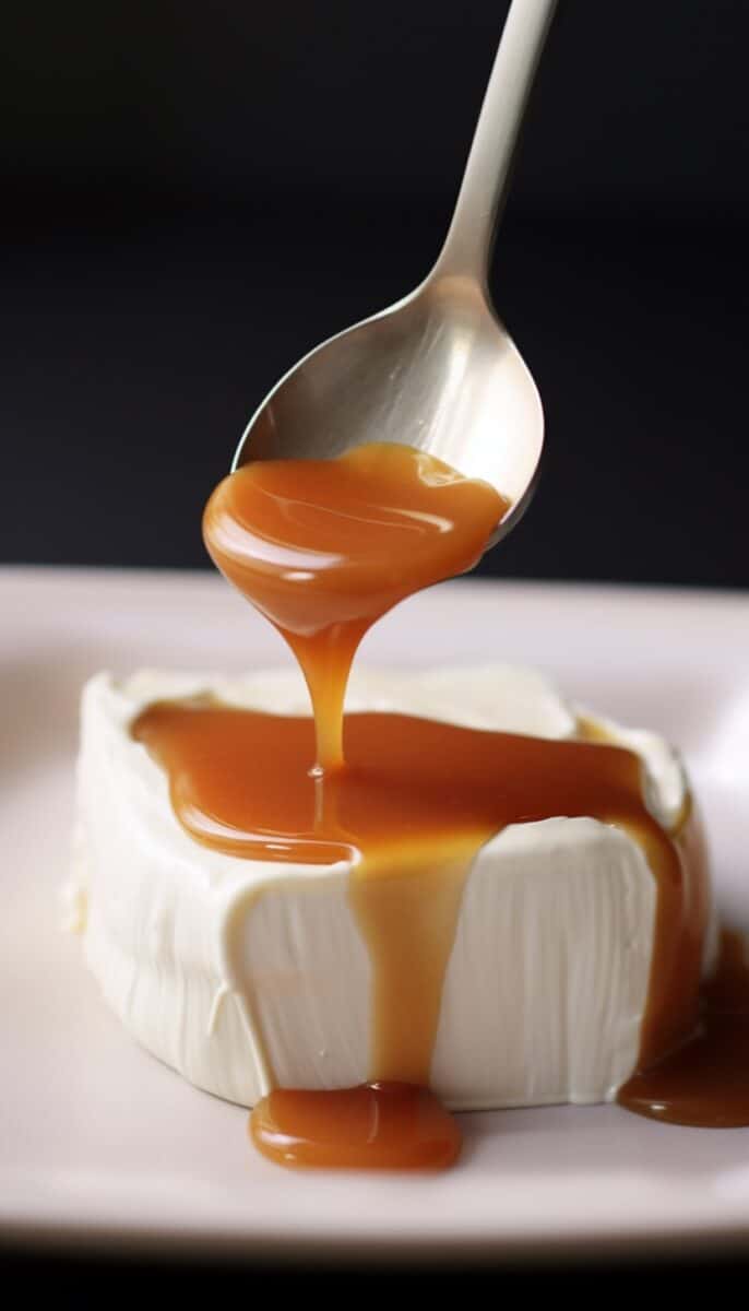 Thick, golden caramel sauce being drizzled over cream cheese, capturing the glistening texture.