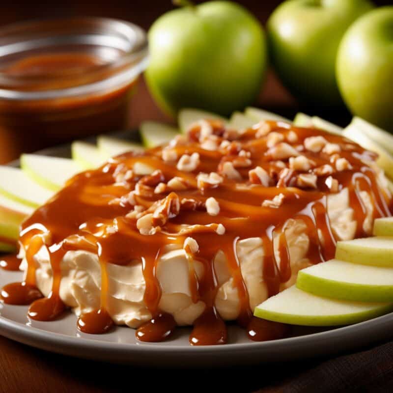 A close-up image of Caramel Apple Cream Cheese Spread, showcasing the drizzled caramel sauce over the smooth cream cheese, topped with fresh apple pieces and crushed nuts.