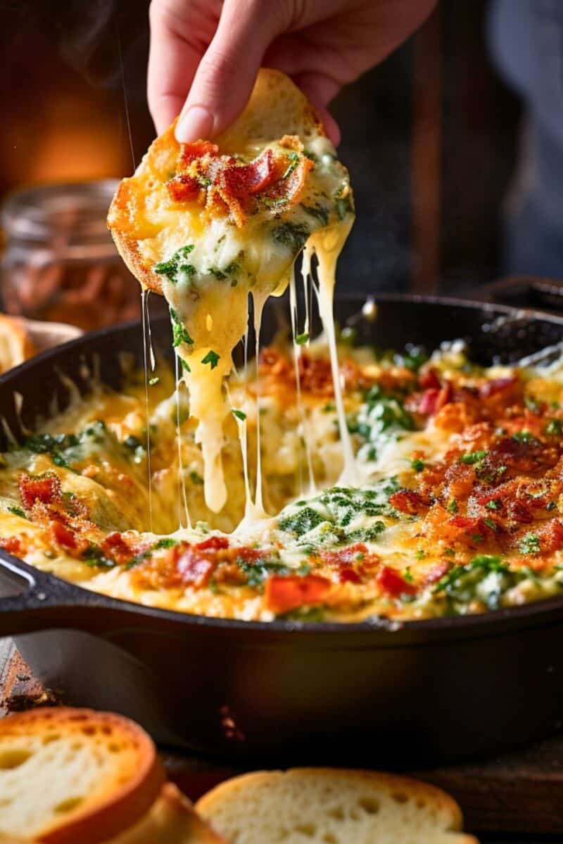 Side view of a cast-iron pan filled with cheesy Bacon Spinach Dip, a piece of bread suspended above it, showing off the dip's stringy, melted cheese.