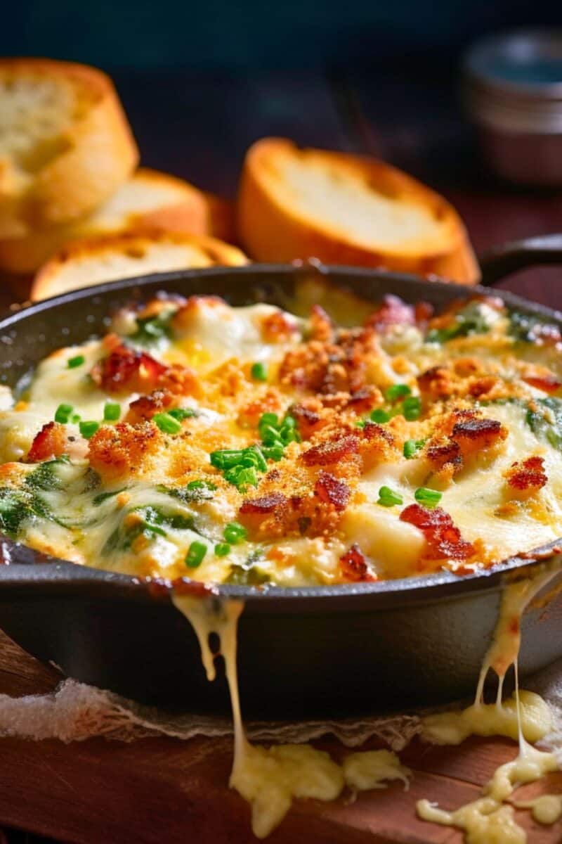 Overhead photo of a cast-iron pan holding Baked Bacon Spinach Dip, revealing the colorful contrast between the green spinach, white cheese, and red bacon bits.