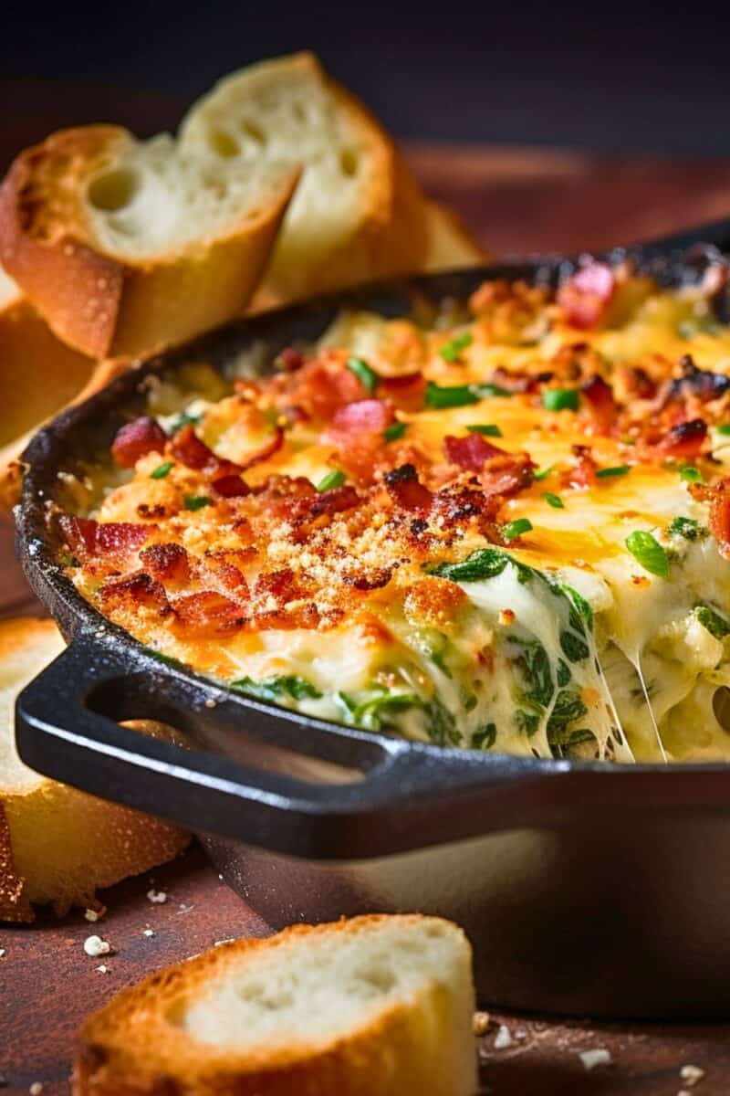 Bird's-eye view of a sizzling Cheesy Spinach Dip in a cast iron skillet, highlighting its rich, melted texture.