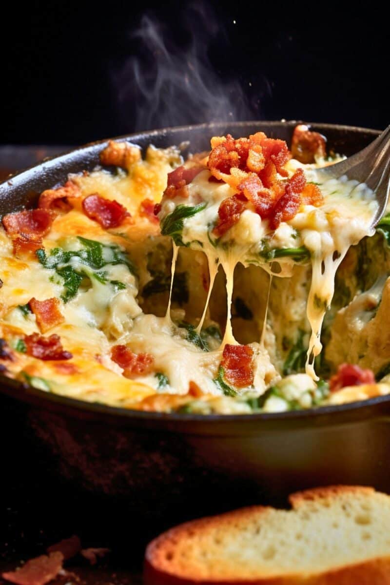 Bacon Spinach Dip in a cast-iron pan, featuring a golden-brown crust and visible chunks of bacon and spinach.