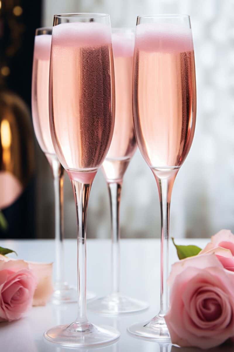 Side-by-side Cotton Candy Champagne Cocktails in elegant flutes, illustrating the delightful transformation of cotton candy into a sweet and bubbly Rosé champagne cocktail, ideal for any special event.