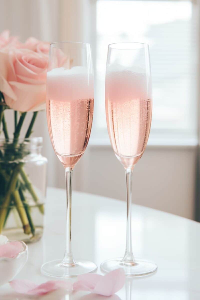 Two Cotton Candy Champagne Cocktails in luxurious flutes, highlighting the unique blend of fluffy cotton candy and crisp Rosé champagne, a stunning and celebratory drink choice.