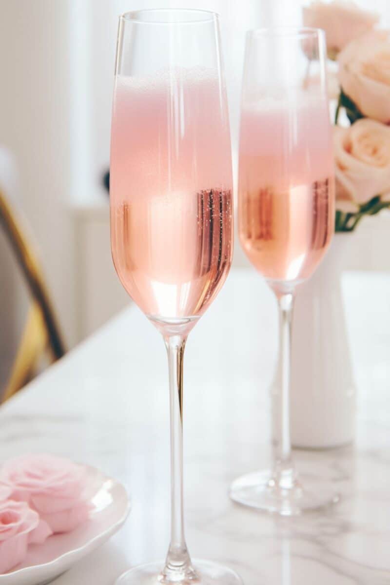 Two Cotton Candy Champagne Cocktails in luxurious flutes, highlighting the unique blend of fluffy cotton candy and crisp Rosé champagne, a stunning and celebratory drink choice.