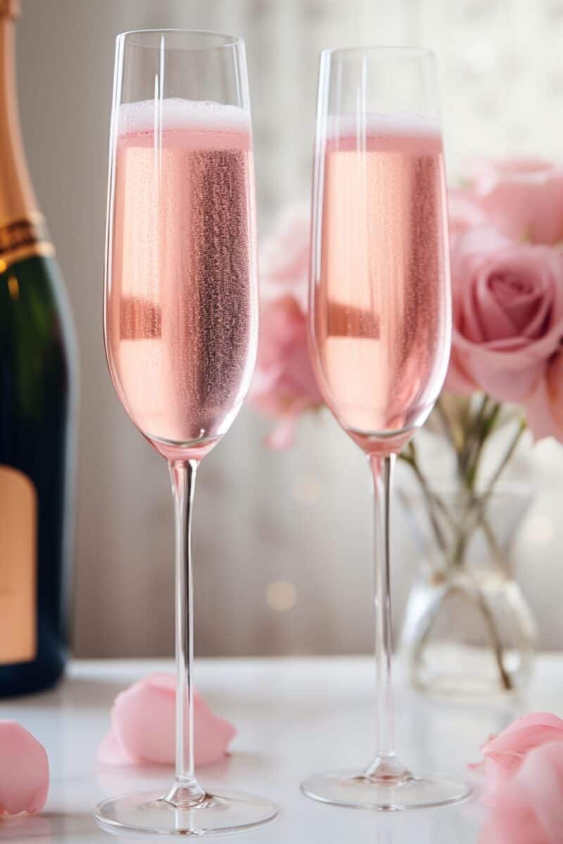 wo elegant champagne flutes filled with bubbly Rosé champagne and dissolved pink cotton candy, set against a festive backdrop.