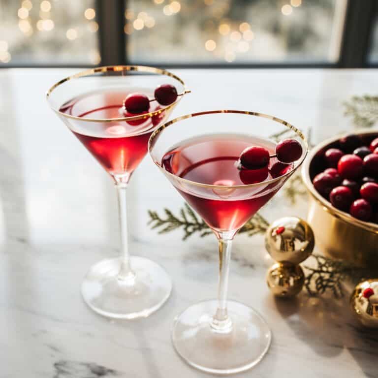A vibrant and festive Cranberry Martini garnished with fresh cranberries, served in an elegant martini glass, exemplifying a perfect blend of sweet and tart flavors, ideal for holiday celebrations.