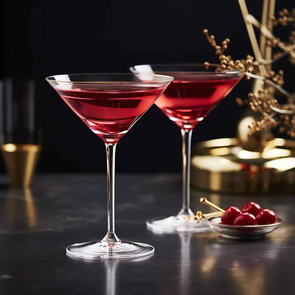 A pair of festive Cranberry Martinis with a stunning red color, garnished with fresh cranberries, symbolizing holiday cheer and sophisticated flavor.