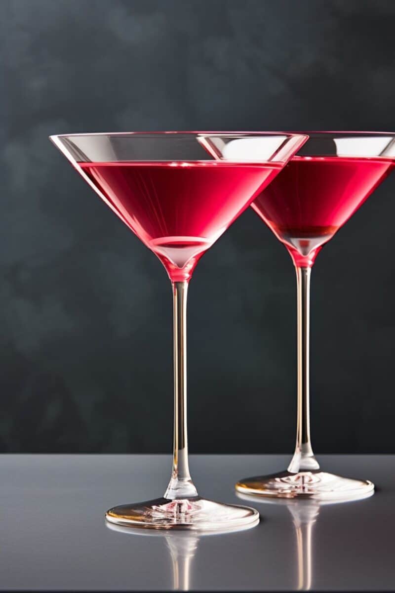 A pair of festive Cranberry Martinis with a stunning red color, garnished with fresh cranberries, symbolizing holiday cheer and sophisticated flavor.