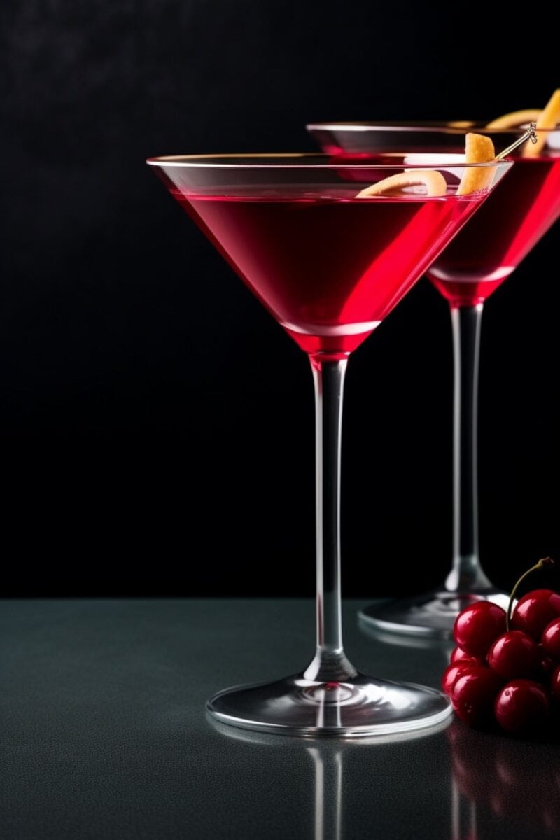 A duo of sophisticated Cranberry Martinis, embellished with fresh lemon twist, reflecting the joy and elegance of holiday festivities.