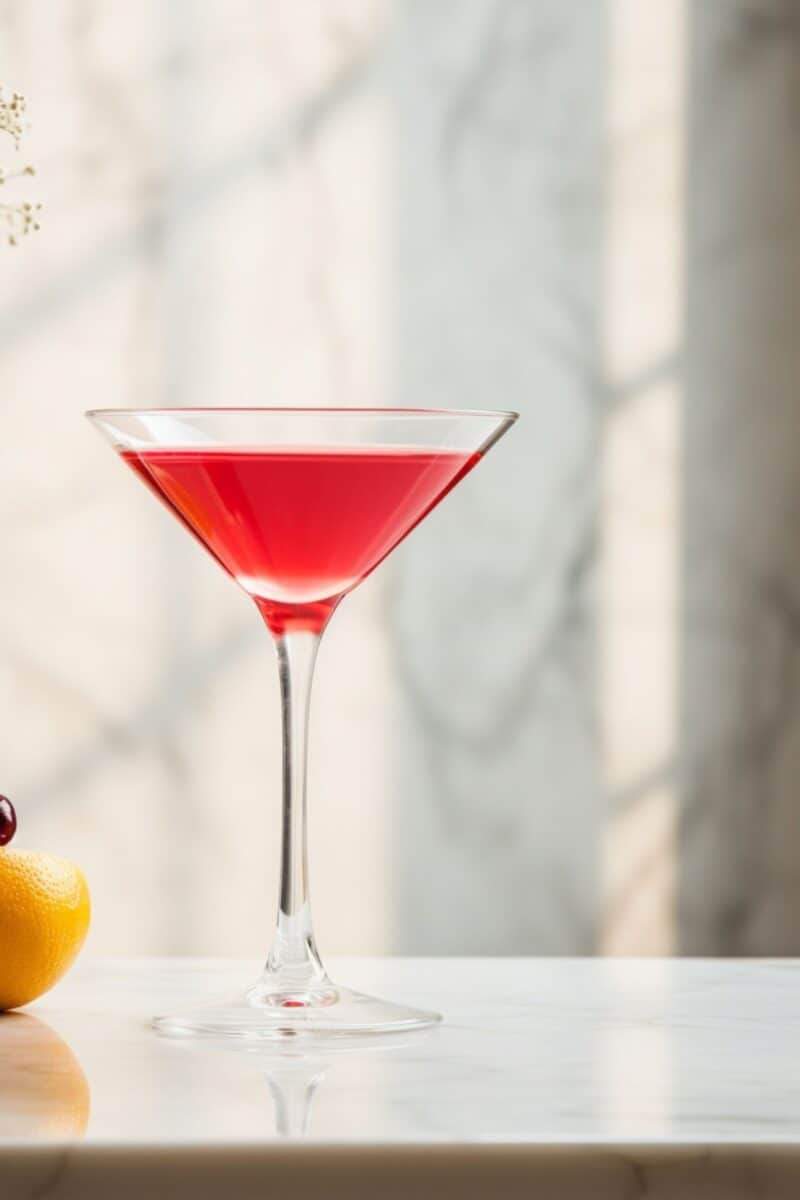 A cranberry cocktail of sophisticated Cranberry Martini, embellished with fresh lemon twist, reflecting the joy and elegance of holiday festivities.