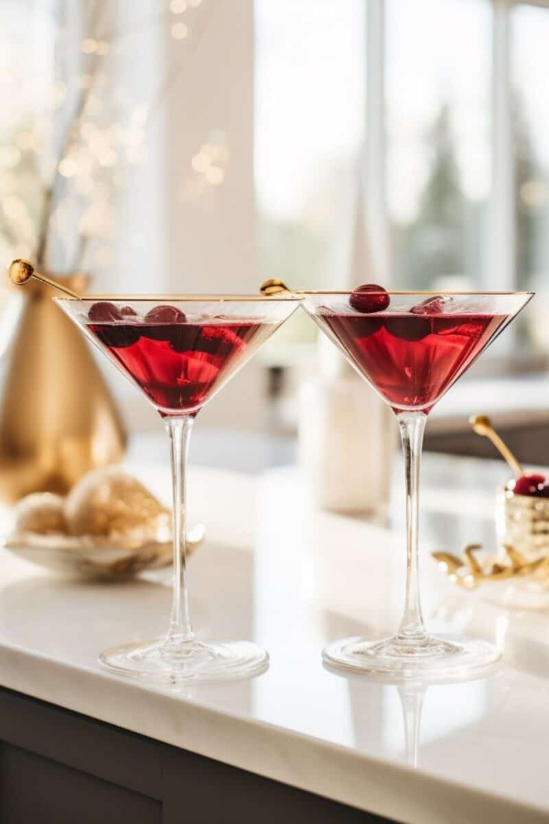 Two vibrant and enticing Cranberry Martinis, garnished with fresh cranberries, offering a visual treat of elegance and holiday spirit.