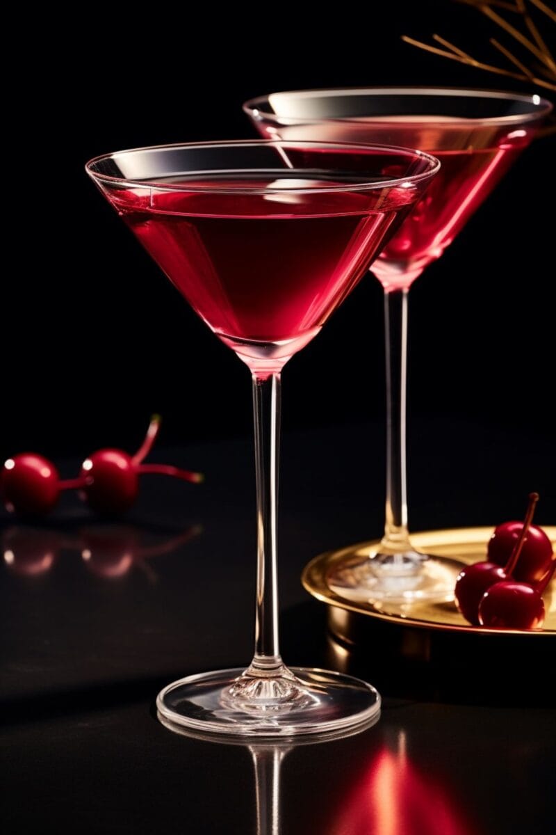 Two elegant Cranberry Martinis adorned with fresh cranberry garnishes, showcasing their vibrant red hue, ready to be enjoyed at a festive holiday gathering.