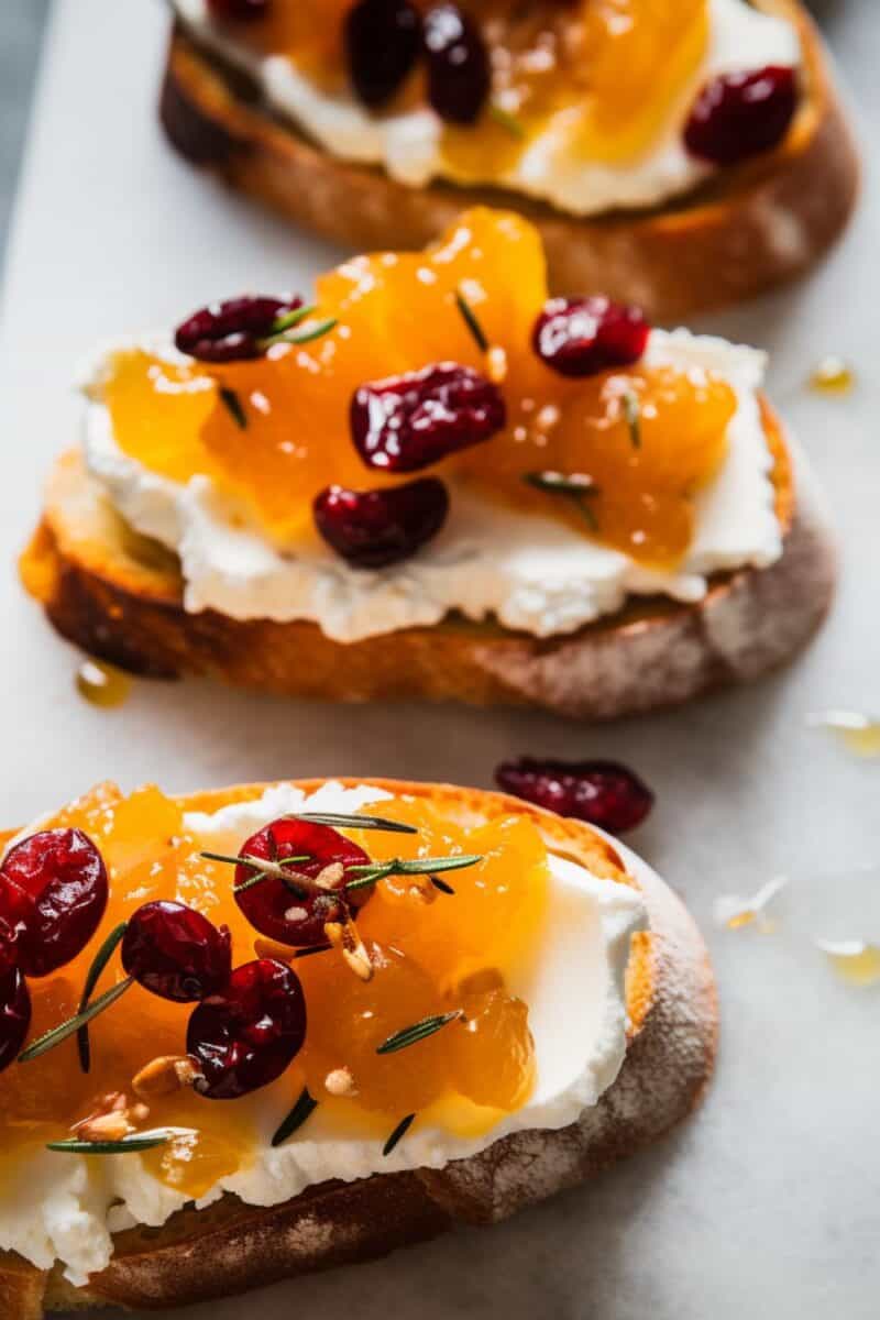 Golden toasted baguette slices topped with creamy cheese, orange marmalade, and dried cranberries.