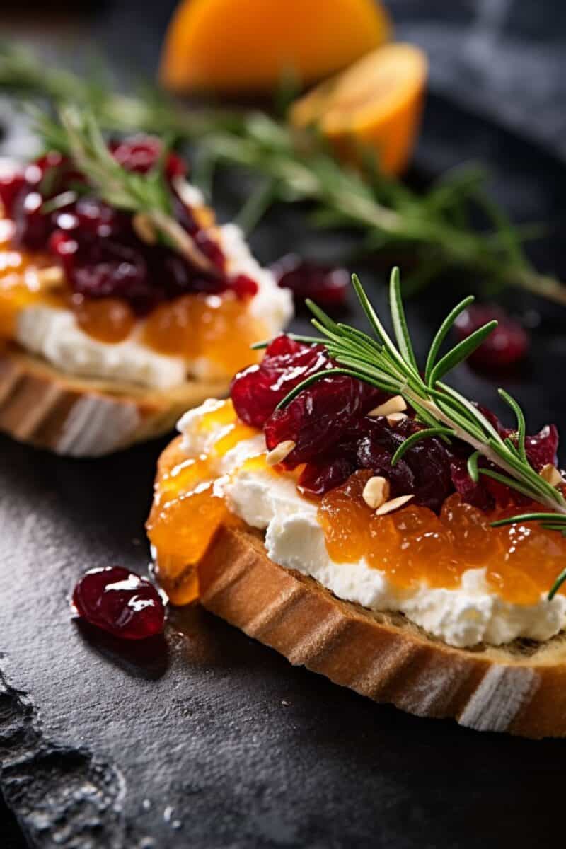 Side view of the crispy, creamy, and fruity textures of Cranberry and Orange Crostini.