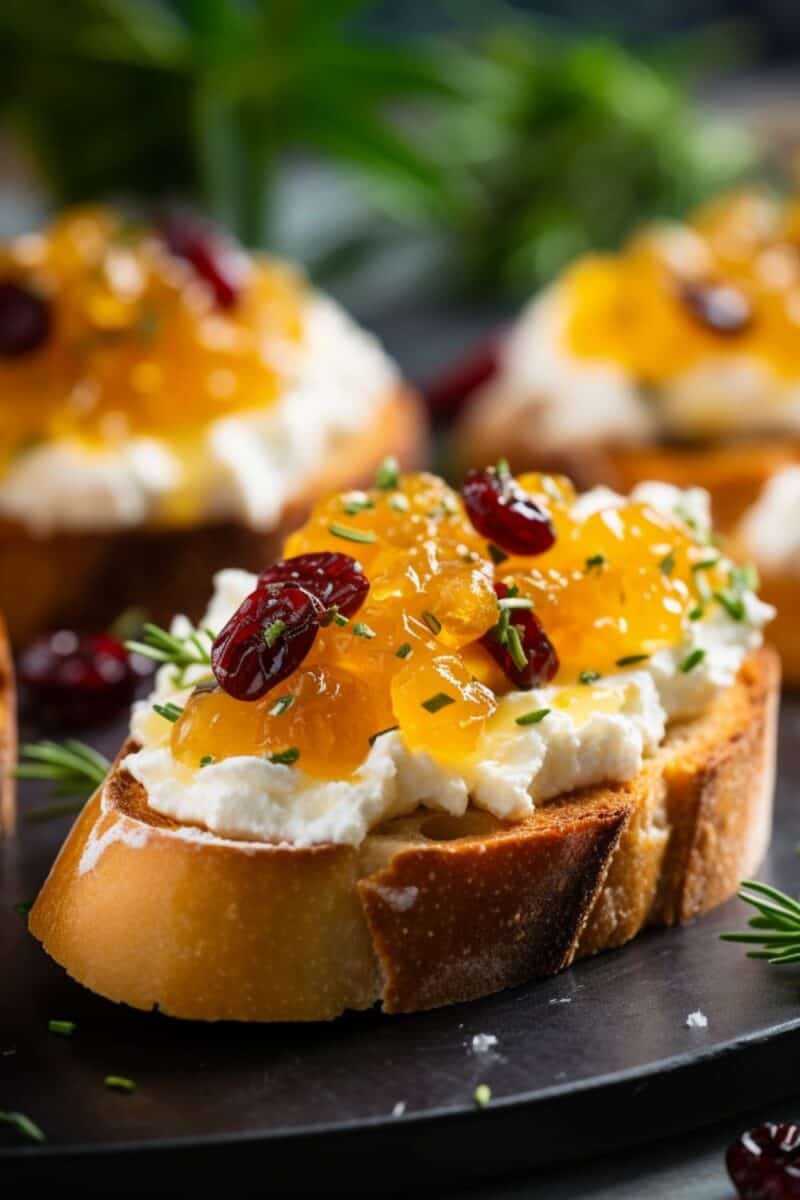 Close-up of the vibrant and colorful layers of Cranberry and Orange Crostini.