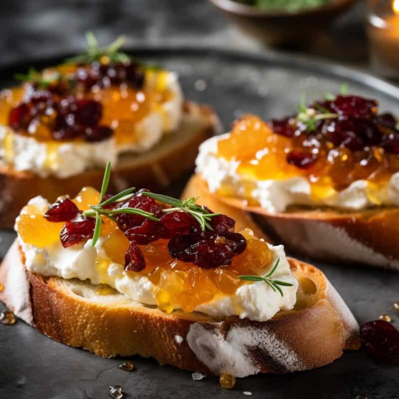 Freshly made Cranberry and Orange Crostini with a sprinkle of fresh herbs.