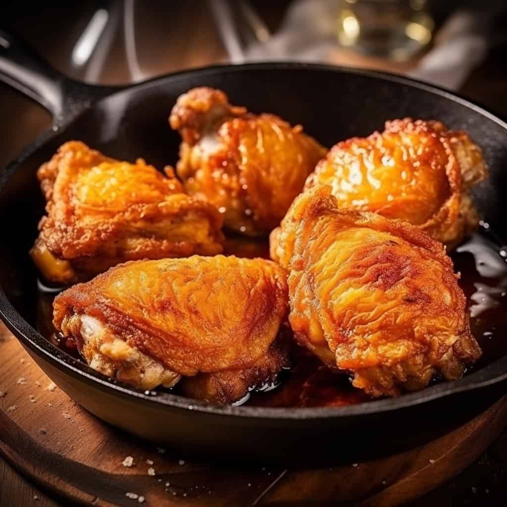 Chicken frying in cast iron pan.