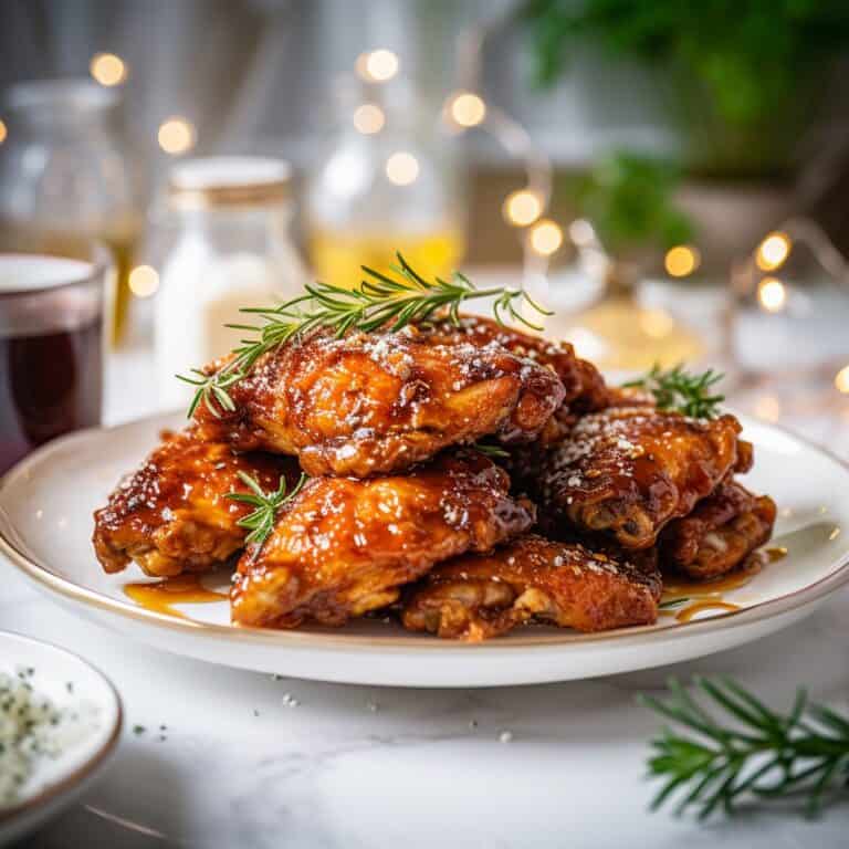 A plate of crispy, golden Honey Fried Chicken, perfectly cooked and glistening with a light honey glaze.