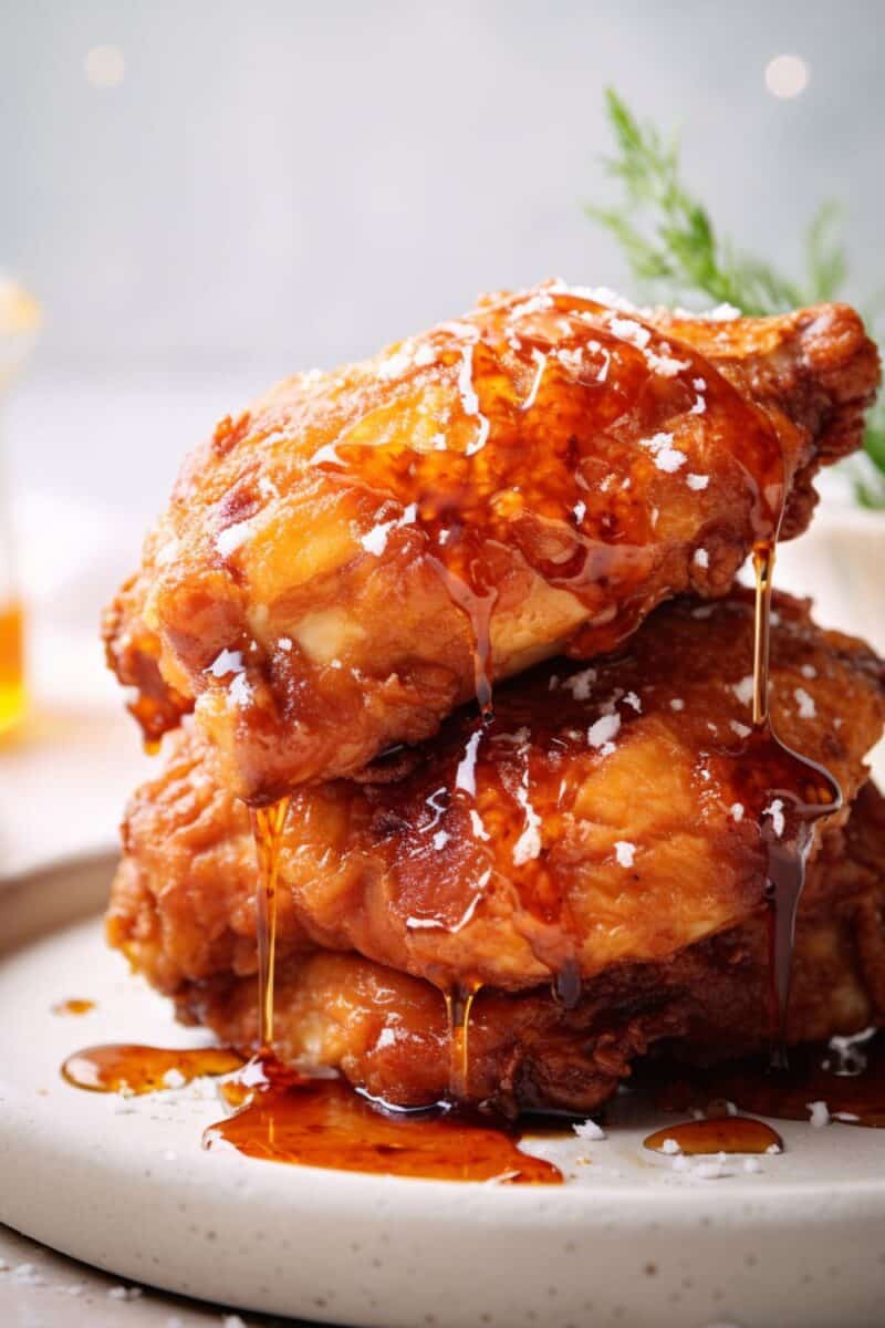 Close-up of crispy Honey Fried Chicken showcasing its textured crust, drizzled with honey, on a ceramic plate.