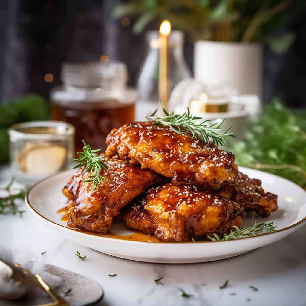 A plate of crispy Honey Fried Chicken with a golden-brown crust, drizzled with honey and garnished with fresh parsley.