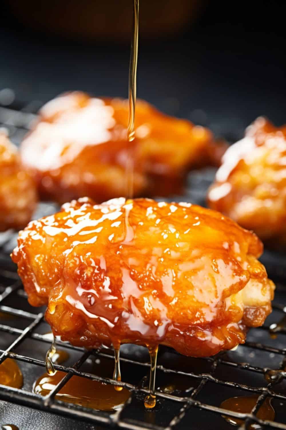 Fried chicken drizzled with honey while cooling in a wire rack.