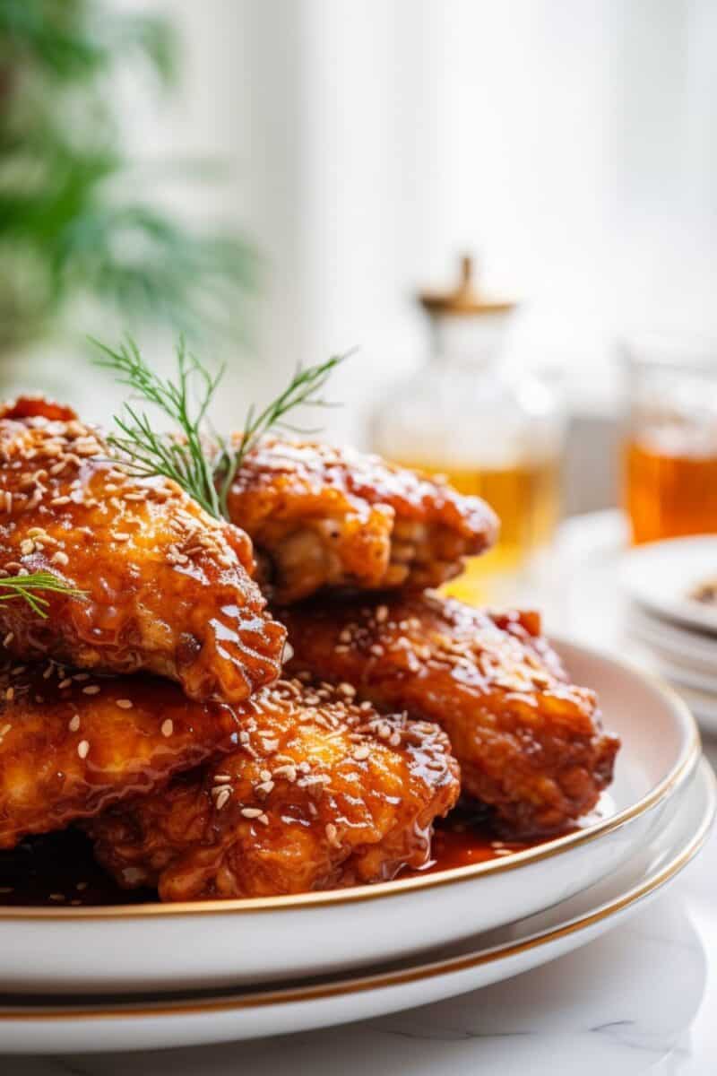Delicious Honey Fried Chicken pieces arranged on a plate, with droplets of honey glaze reflecting light, making it an inviting meal.