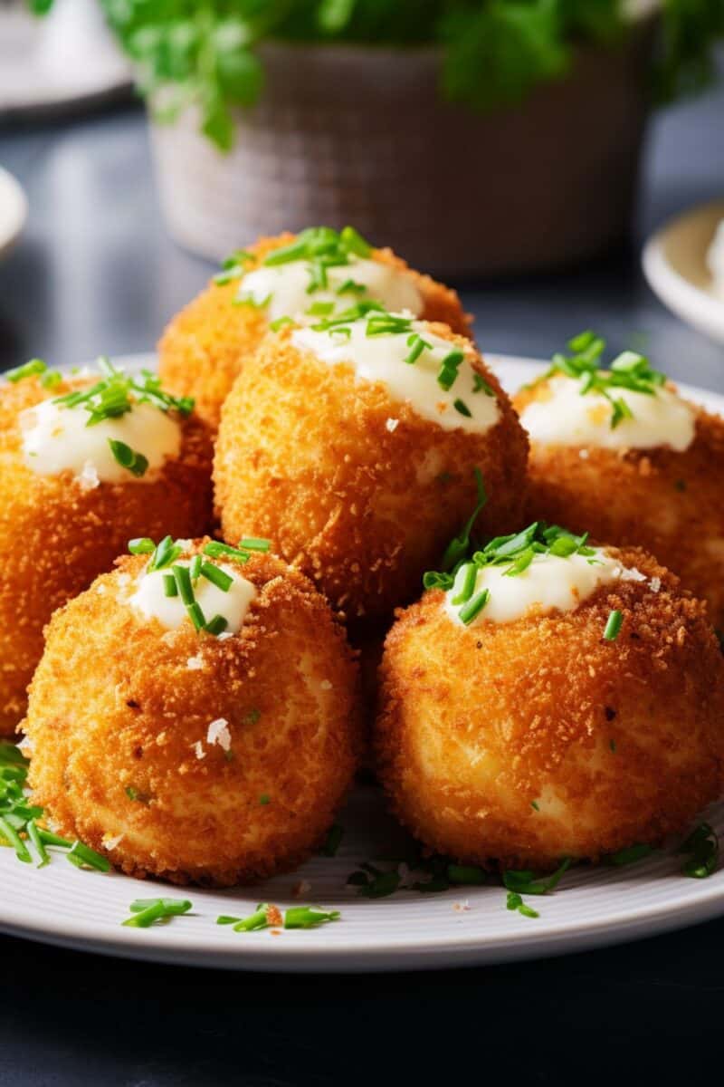 Plate of Loaded Mashed Potato Balls served in a white plate, highlighting the appetizing golden exterior.