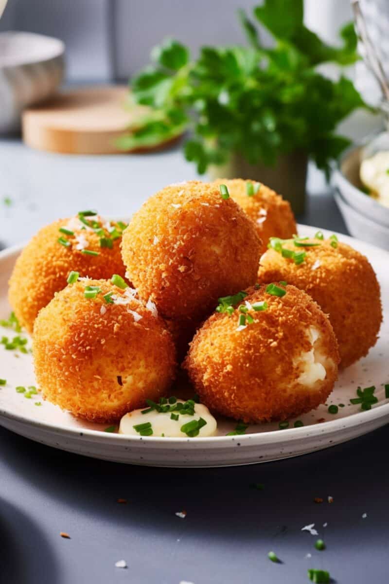 Plate of Loaded Mashed Potato Balls served in a white plate, highlighting the appetizing golden exterior.