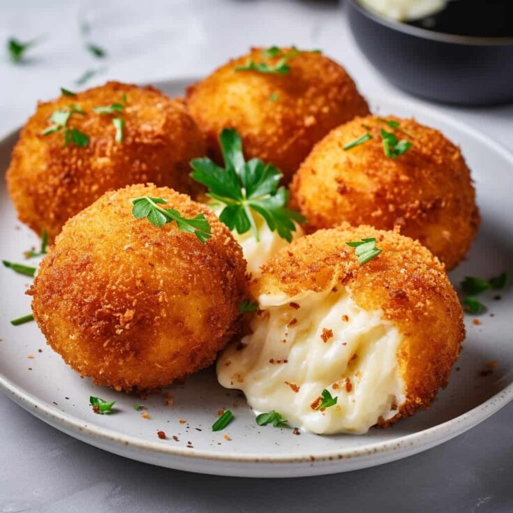 Golden and crispy Loaded Mashed Potato Balls filled with creamy mashed potatoes, cheddar cheese, and fresh chives, served as a delicious appetizer.