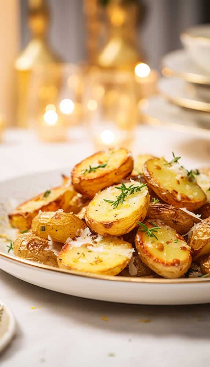 Side view of a serving bowl filled with Parmesan Garlic Roasted Potatoes, showcasing the golden, crispy parmesan crust on top of the potatoes.