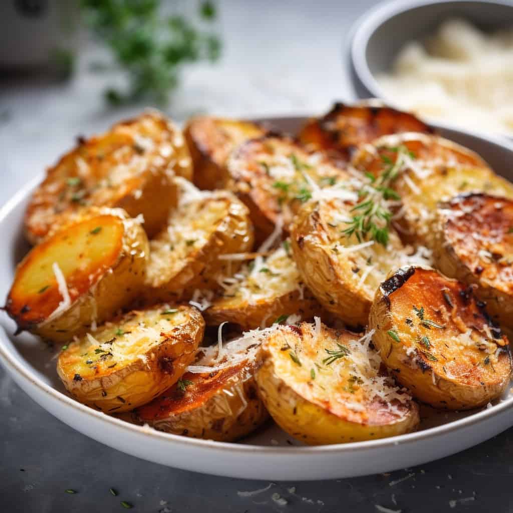 A side view of the roasted potatoes, highlighting the crispy parmesan crust.