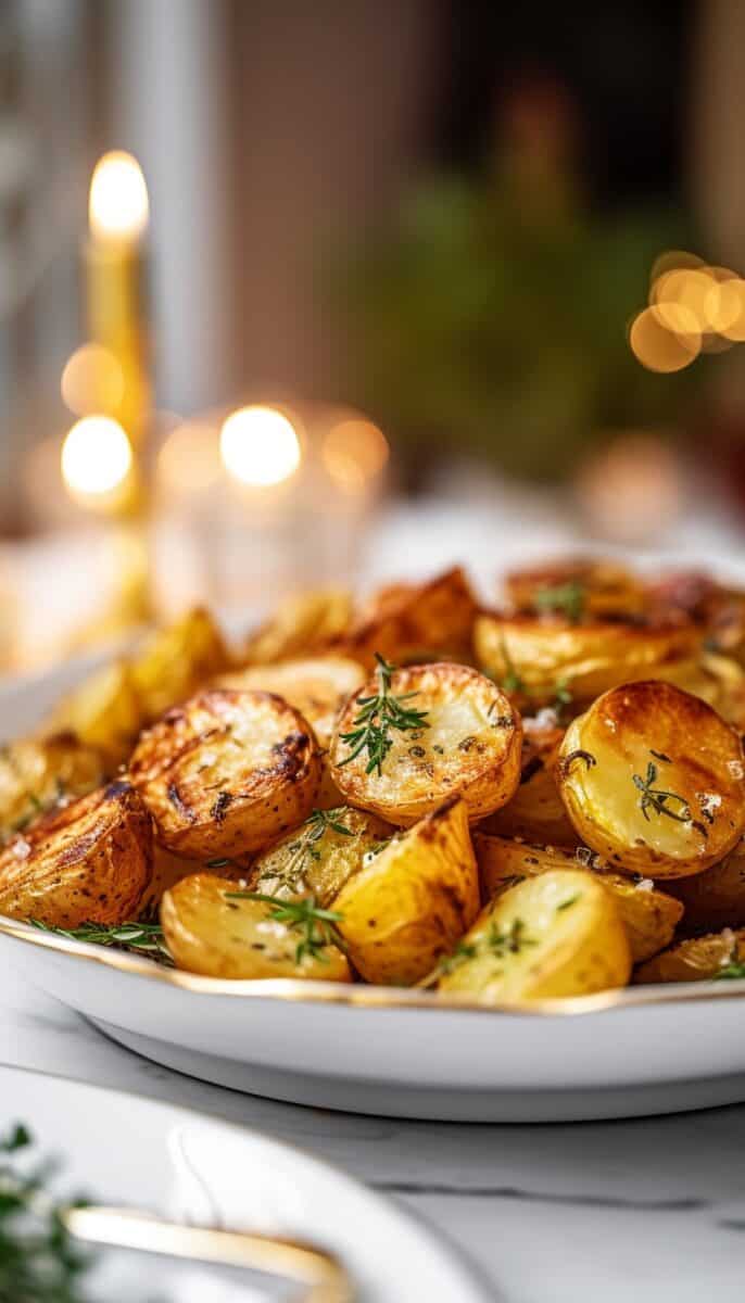 A serving bowl filled with Parmesan Garlic Roasted Potatoes, ready to be served as the perfect side dish.