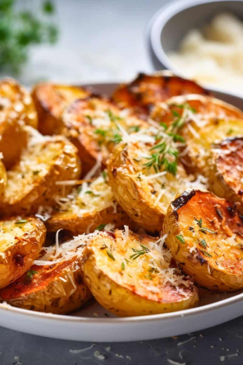 Closeup view of the roasted potatoes, highlighting the crispy parmesan crust.