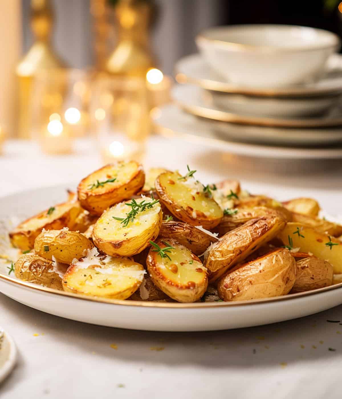A side view of the roasted potatoes, highlighting the crispy parmesan crust.